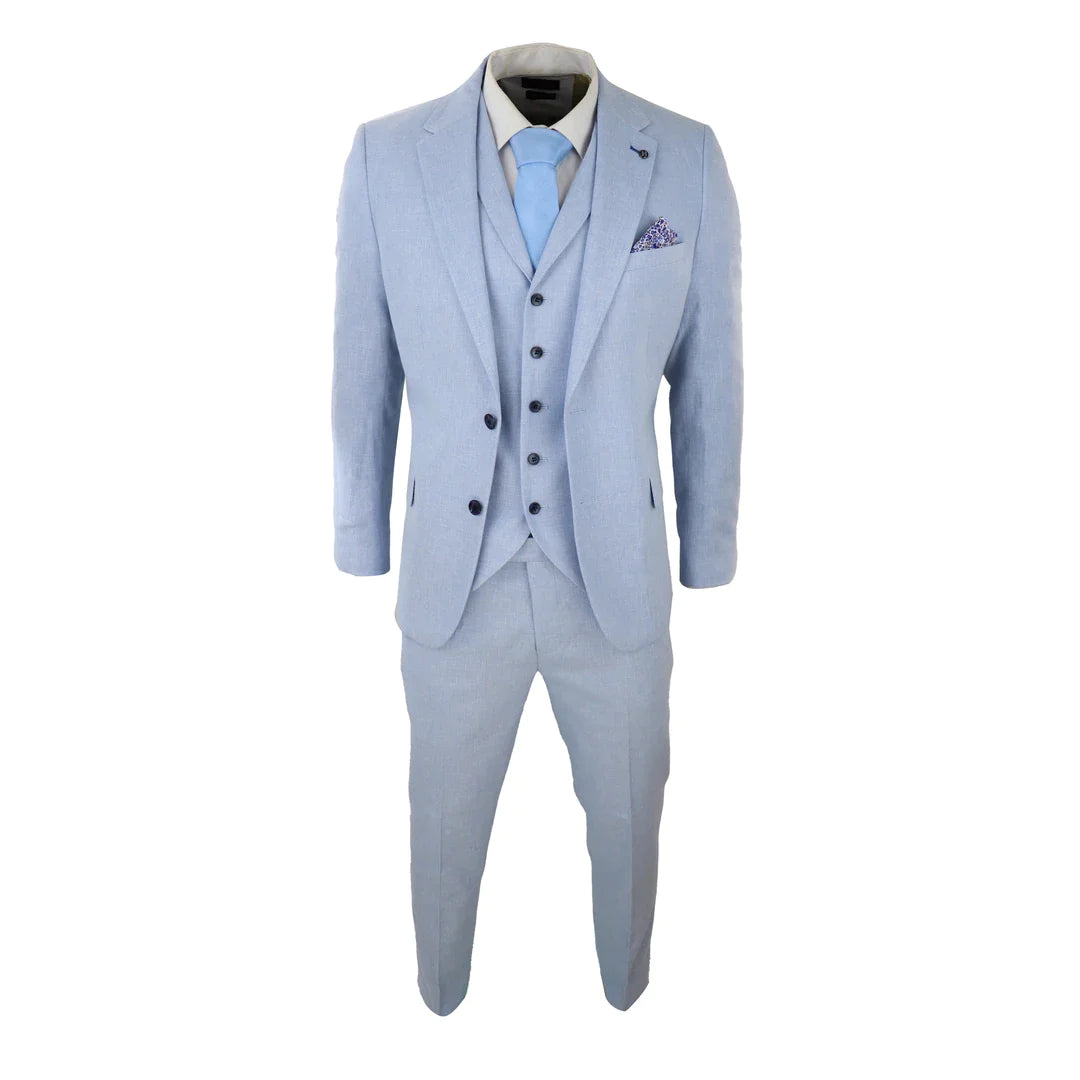 Terno masculino de linho de 3 peças, respirável, para casamento no verão, em algodão azul bebê claro.