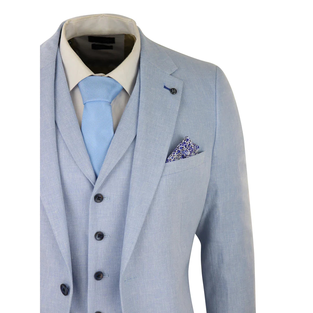 Terno masculino de linho de 3 peças, respirável, para casamento no verão, em algodão azul bebê claro.