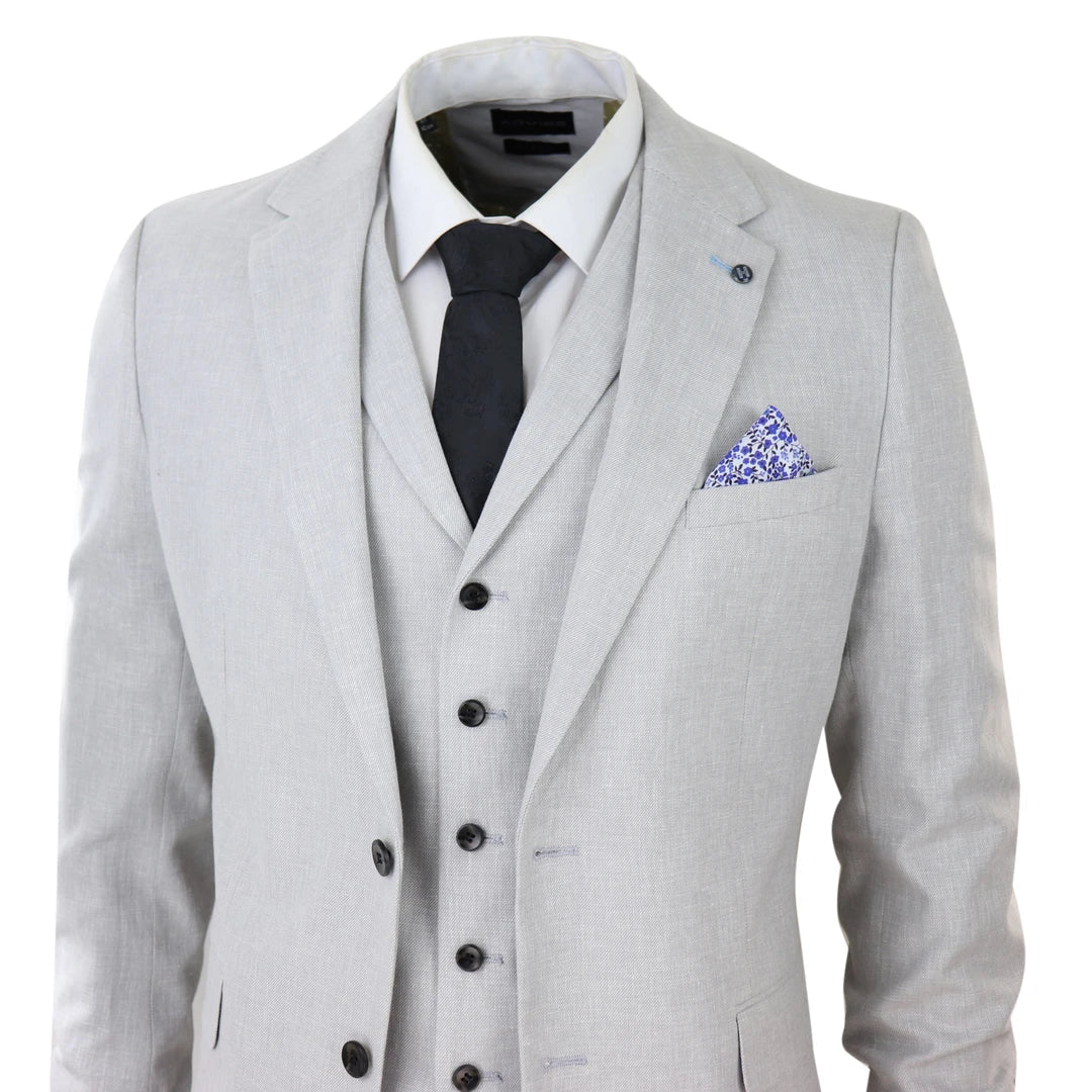 Terno masculino de linho de 3 peças, respirável, para casamento, em algodão cinza claro.
