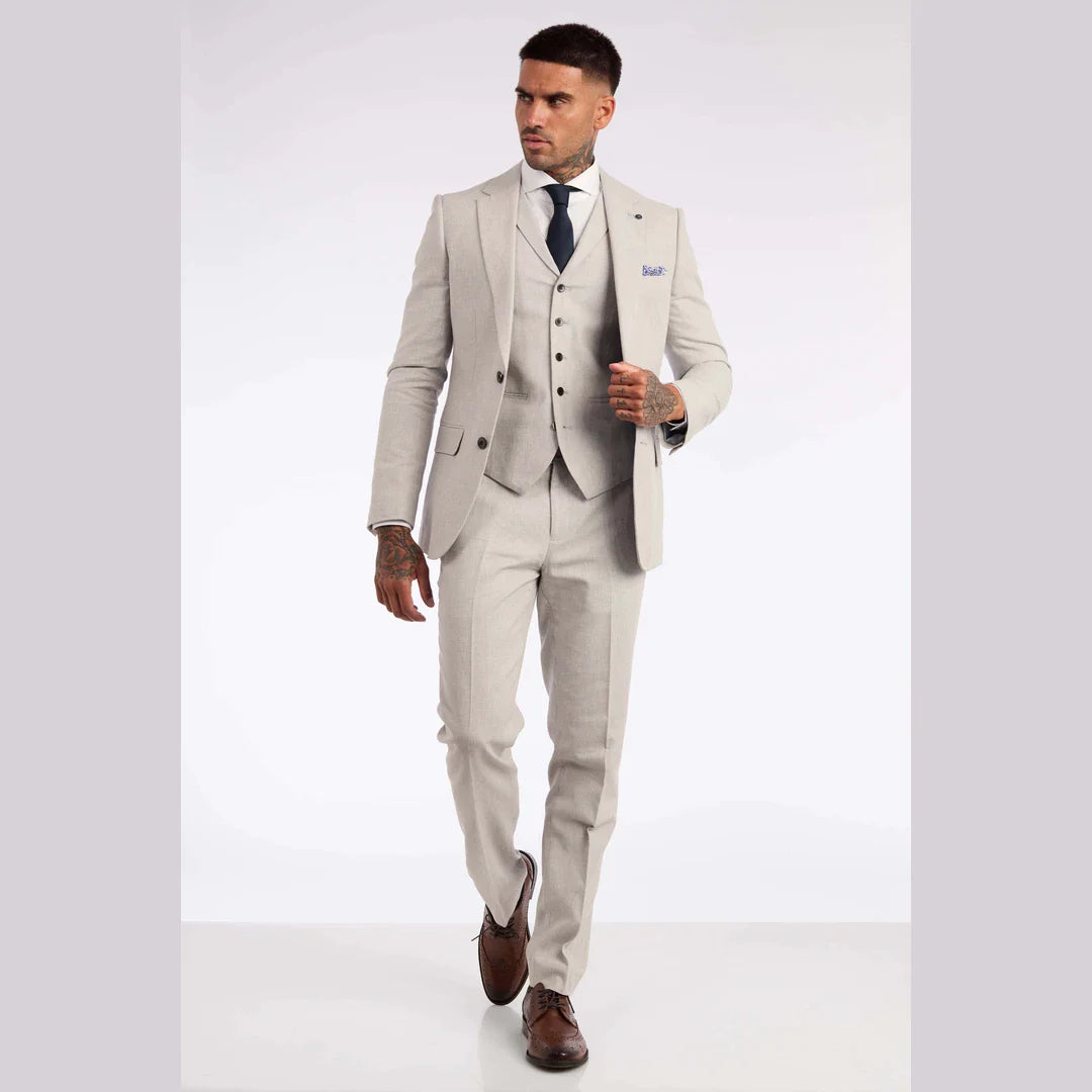 Terno masculino de linho de 3 peças, respirável, para casamento, em algodão cinza claro.