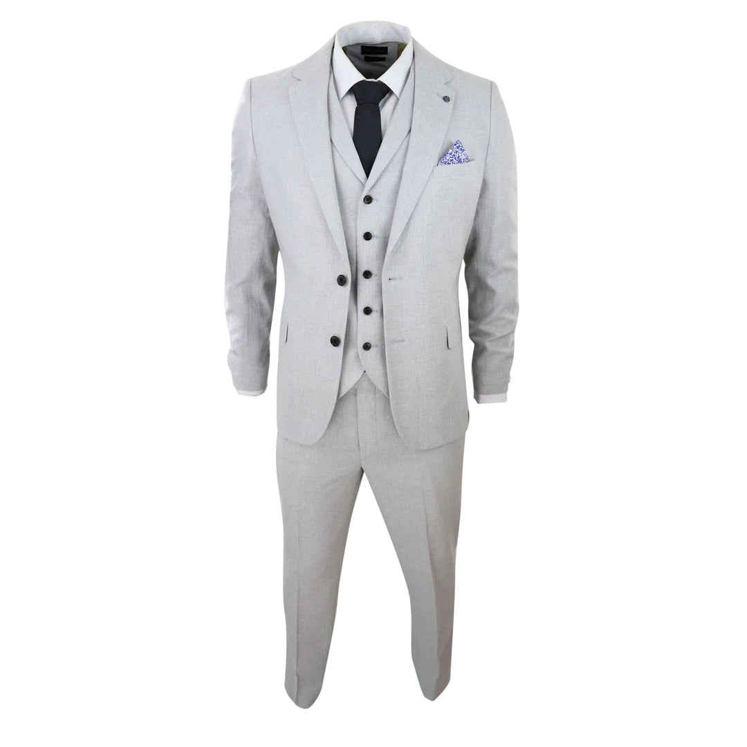 Terno masculino de linho de 3 peças, respirável, para casamento, em algodão cinza claro.