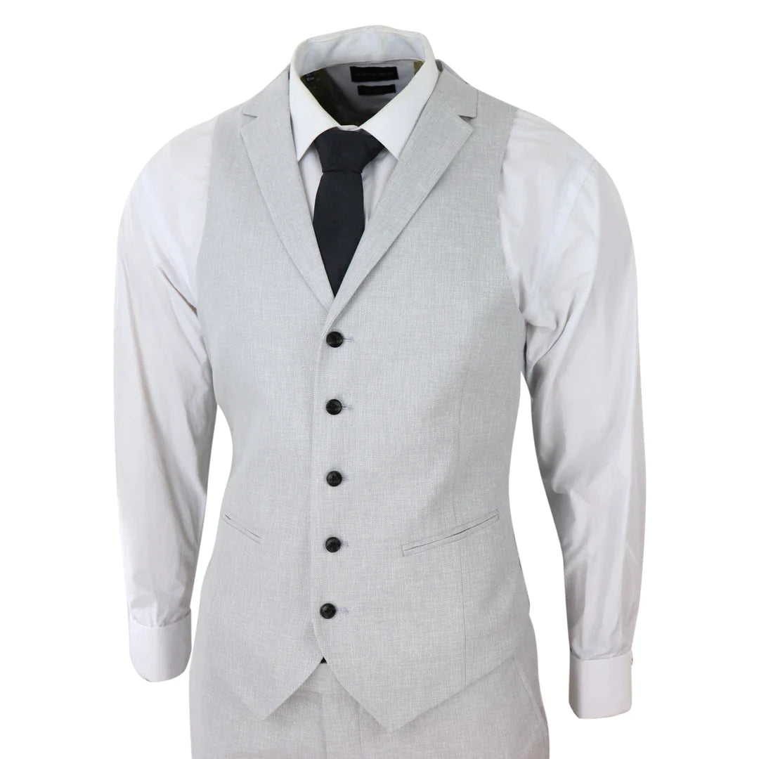 Terno masculino de linho de 3 peças, respirável, para casamento, em algodão cinza claro.