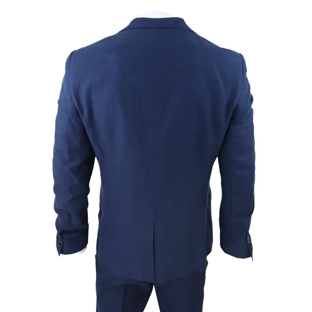 Terno masculino de linho de 3 peças, respirável, para casamento no verão, em algodão azul marinho.