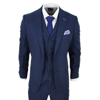 Terno masculino de linho de 3 peças, respirável, para casamento no verão, em algodão azul marinho.