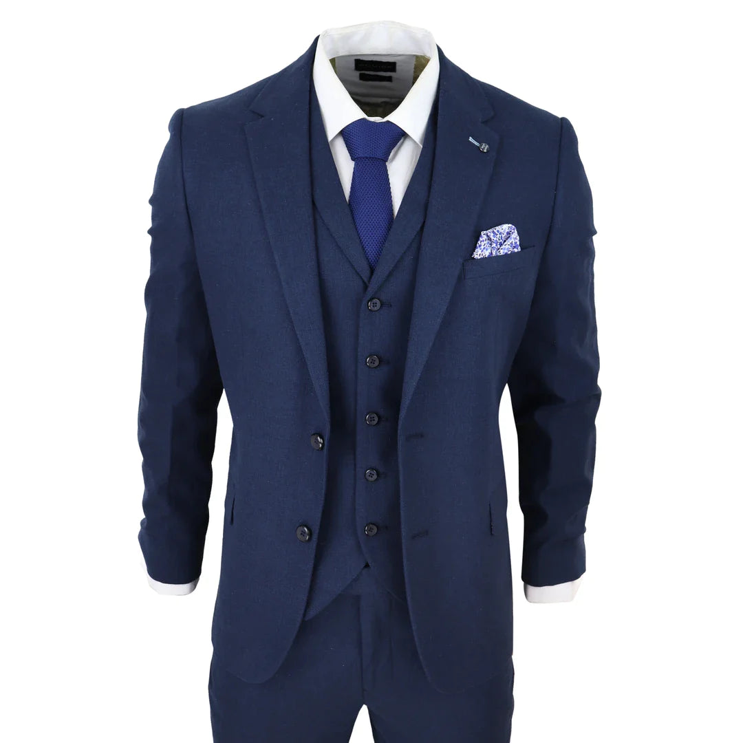 Terno masculino de linho de 3 peças, respirável, para casamento no verão, em algodão azul marinho.