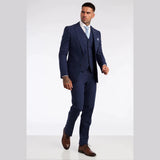 Terno masculino de linho de 3 peças, respirável, para casamento no verão, em algodão azul marinho.