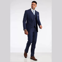 Terno masculino de linho de 3 peças, respirável, para casamento no verão, em algodão azul marinho.