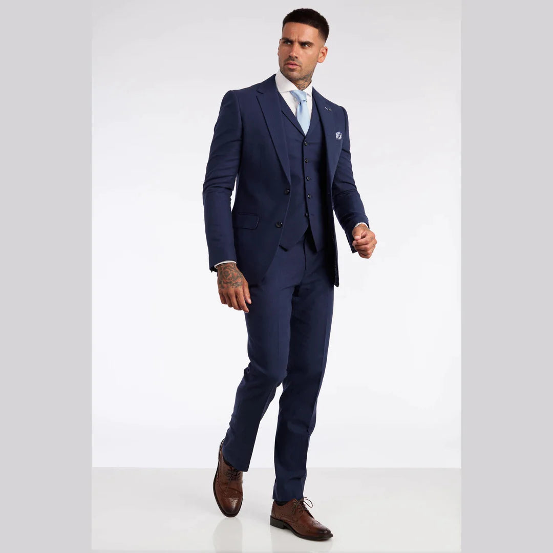 Terno masculino de linho de 3 peças, respirável, para casamento no verão, em algodão azul marinho.