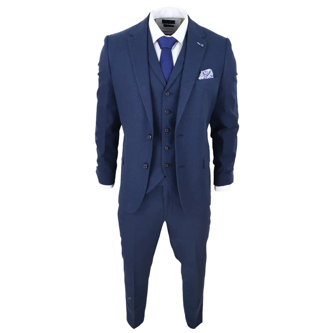 Terno masculino de linho de 3 peças, respirável, para casamento no verão, em algodão azul marinho.