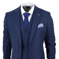Terno masculino de linho de 3 peças, respirável, para casamento no verão, em algodão azul marinho.