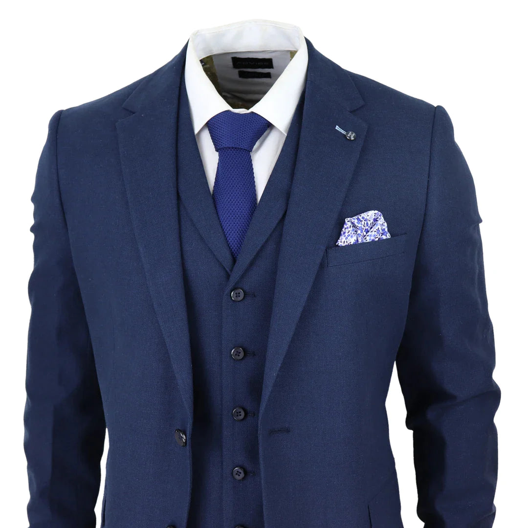 Terno masculino de linho de 3 peças, respirável, para casamento no verão, em algodão azul marinho.