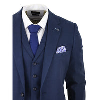 Terno masculino de linho de 3 peças, respirável, para casamento no verão, em algodão azul marinho.
