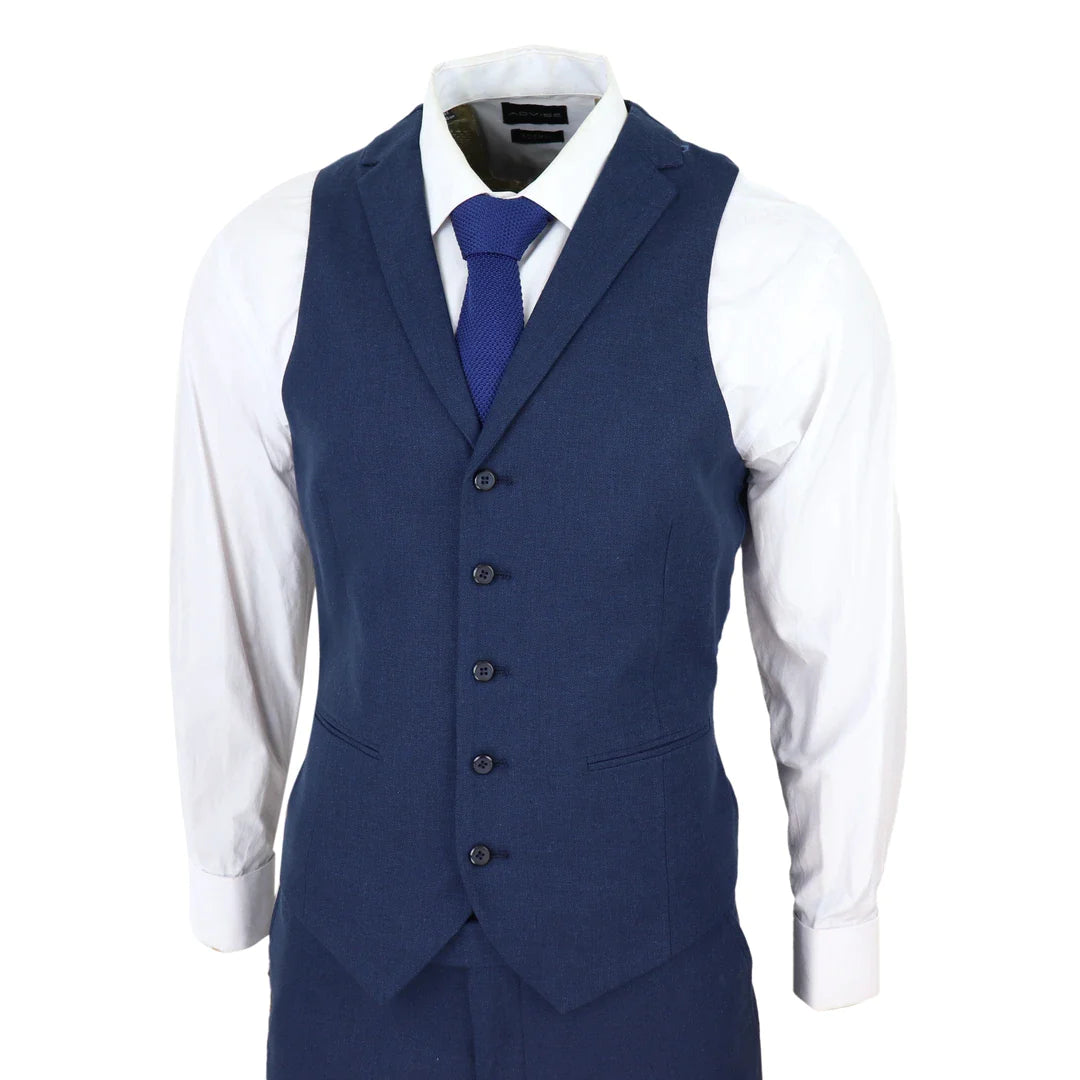 Terno masculino de linho de 3 peças, respirável, para casamento no verão, em algodão azul marinho.