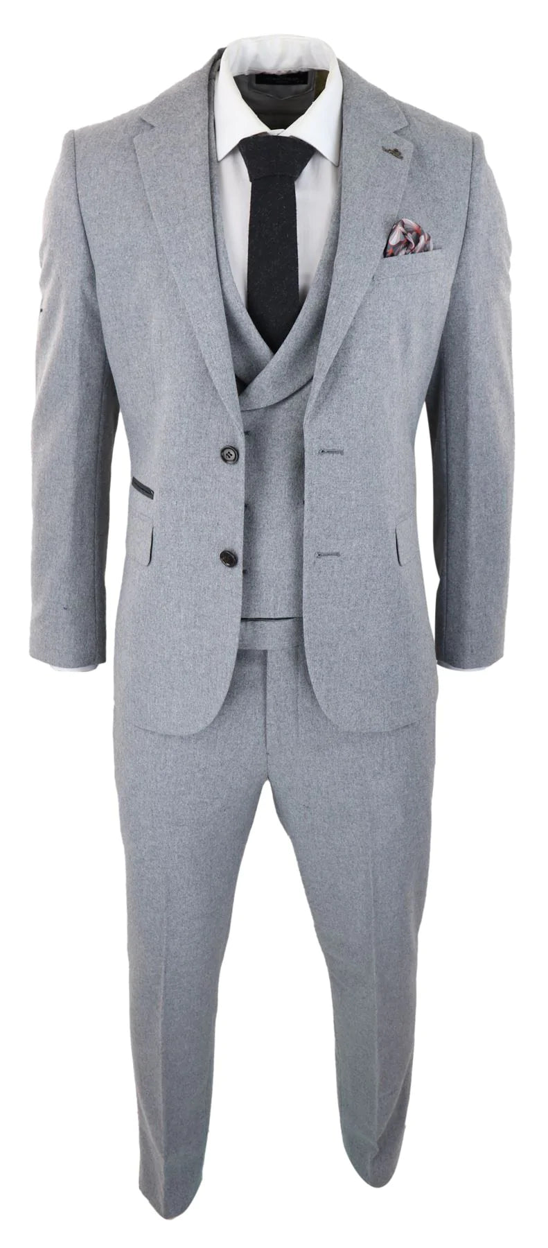 Terno masculino de lã cinza de 3 peças com colete de abotoamento duplo, estilo vintage anos 1920, ideal para casamentos e festas.