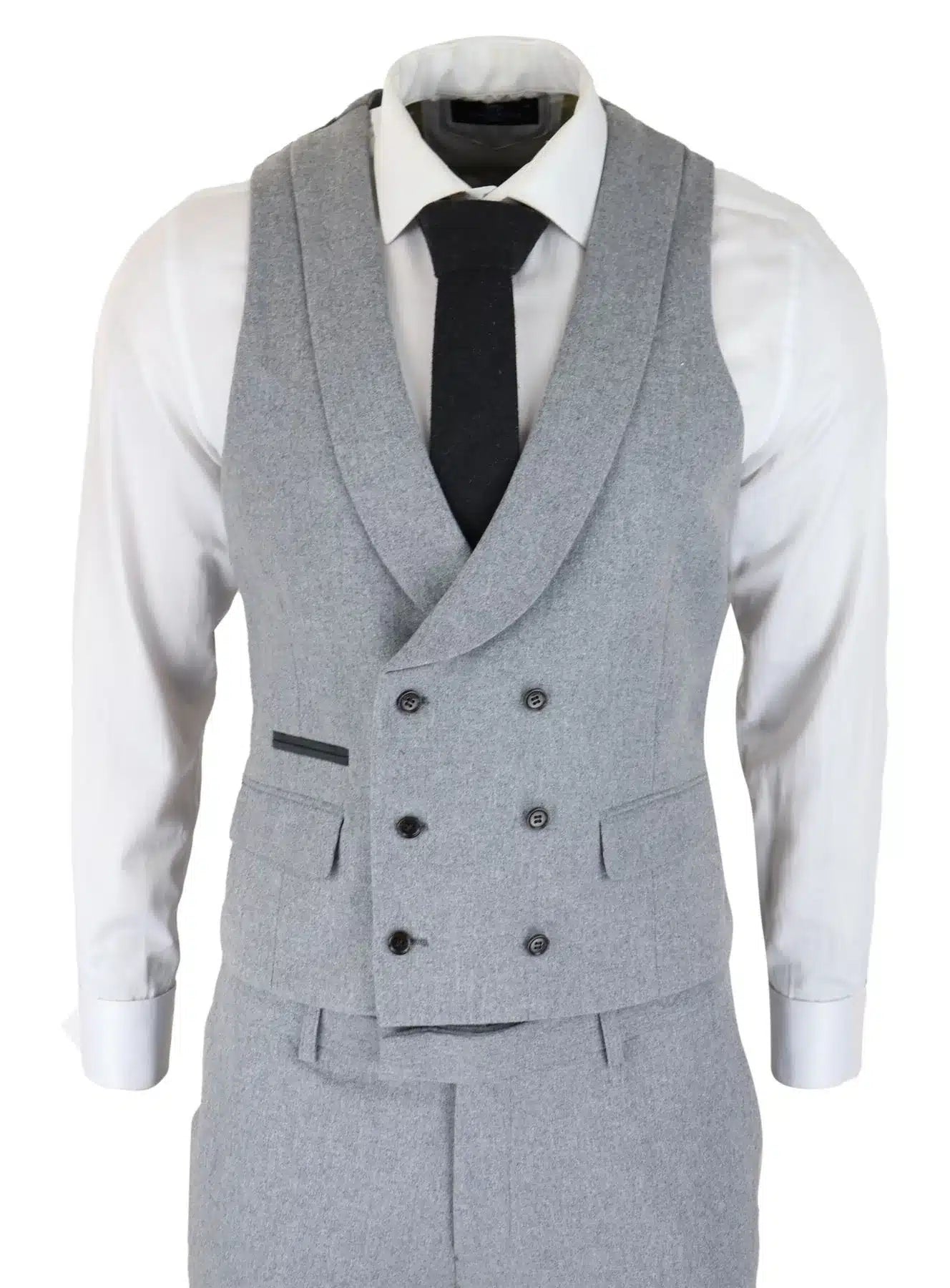 Terno masculino de lã cinza de 3 peças com colete de abotoamento duplo, estilo vintage anos 1920, ideal para casamentos e festas.