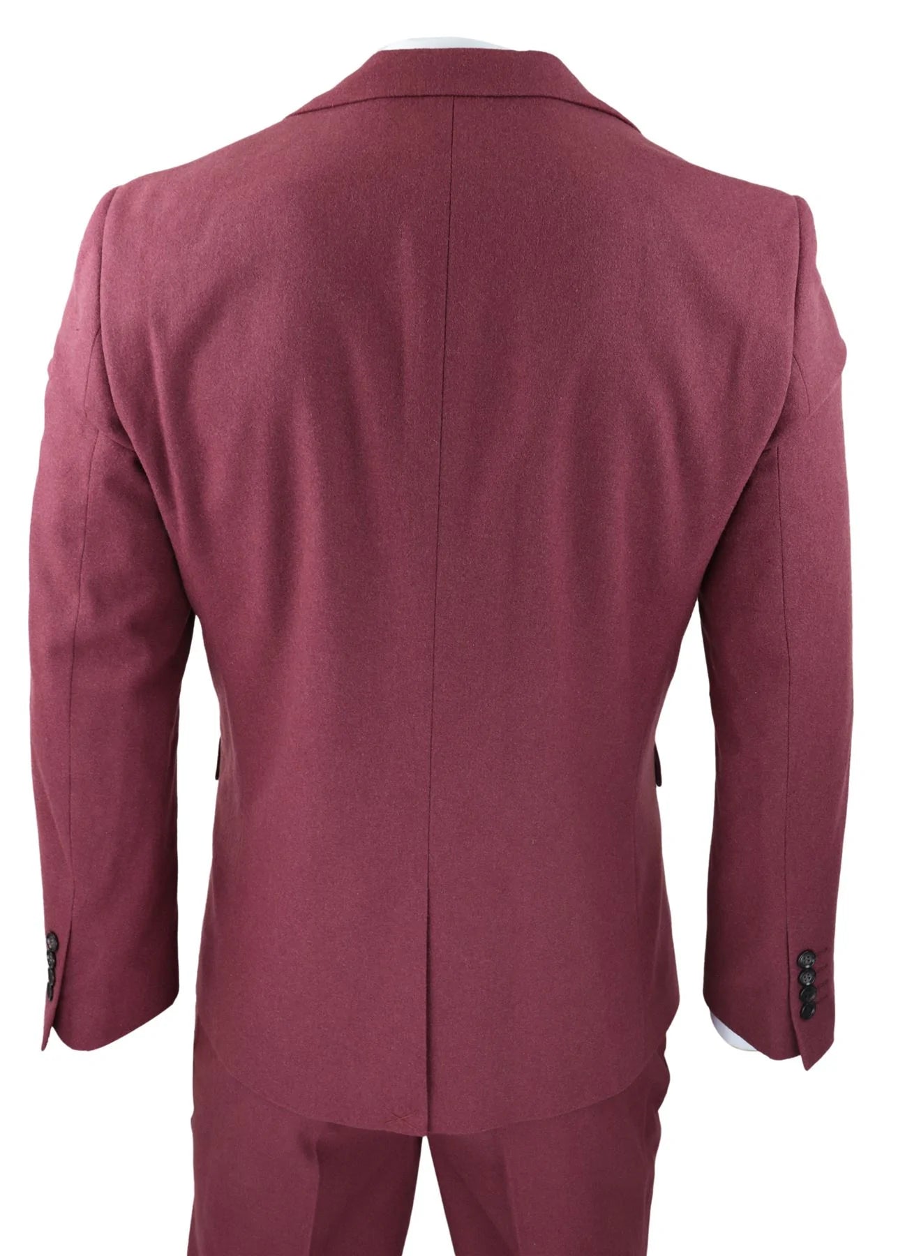 Terno masculino de lã, 3 peças, vermelho borgonha, abotoamento duplo, estilo vintage anos 1920, ideal para casamentos e festas.