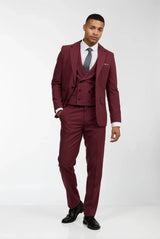 Terno masculino de lã, 3 peças, vermelho borgonha, abotoamento duplo, estilo vintage anos 1920, ideal para casamentos e festas.