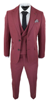 Terno masculino de lã, 3 peças, vermelho borgonha, abotoamento duplo, estilo vintage anos 1920, ideal para casamentos e festas.