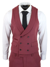 Terno masculino de lã, 3 peças, vermelho borgonha, abotoamento duplo, estilo vintage anos 1920, ideal para casamentos e festas.