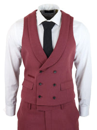 Terno masculino de lã, 3 peças, vermelho borgonha, abotoamento duplo, estilo vintage anos 1920, ideal para casamentos e festas.