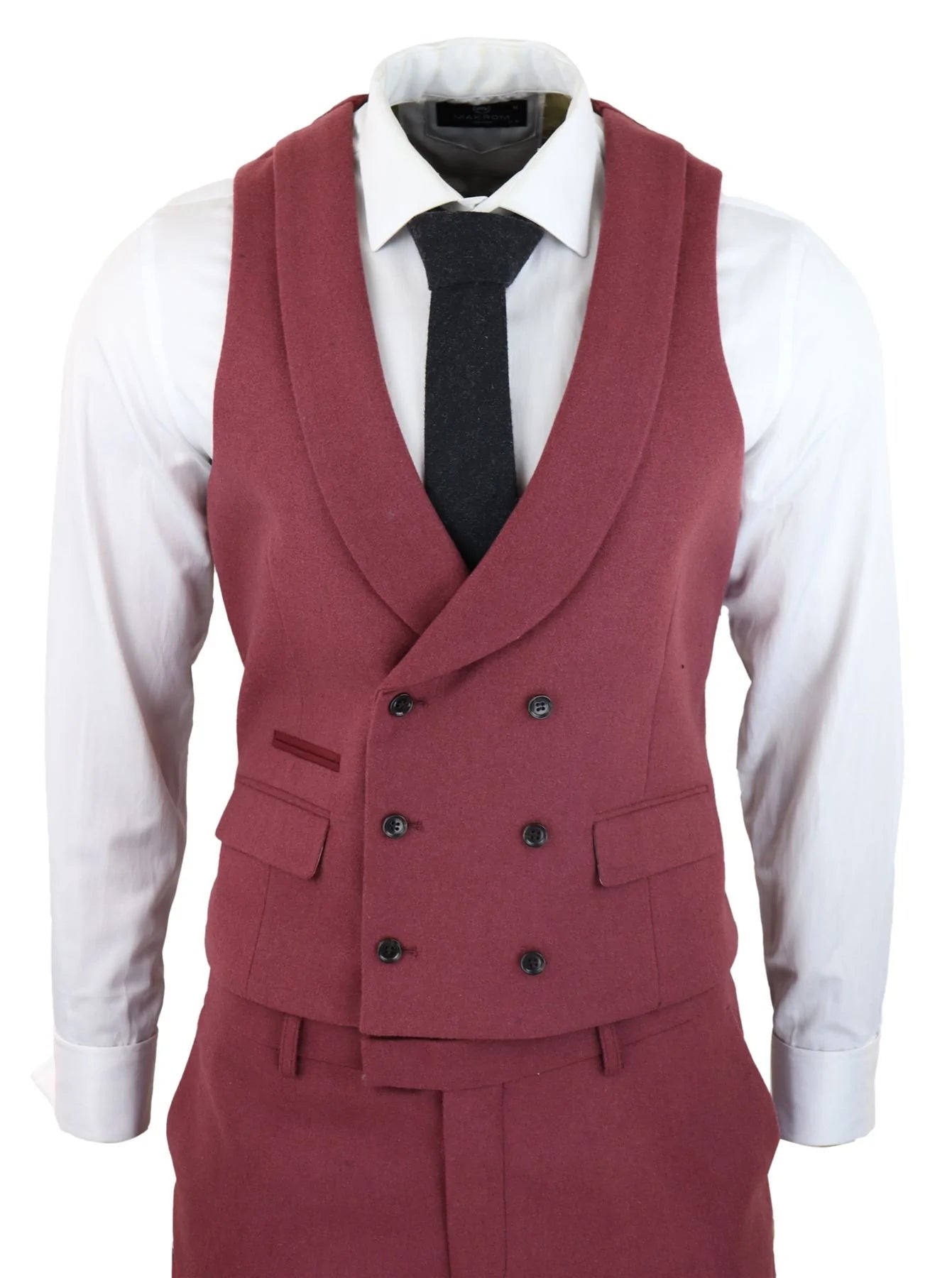 Terno masculino de lã, 3 peças, vermelho borgonha, abotoamento duplo, estilo vintage anos 1920, ideal para casamentos e festas.