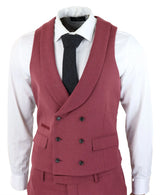 Terno masculino de lã, 3 peças, vermelho borgonha, abotoamento duplo, estilo vintage anos 1920, ideal para casamentos e festas.