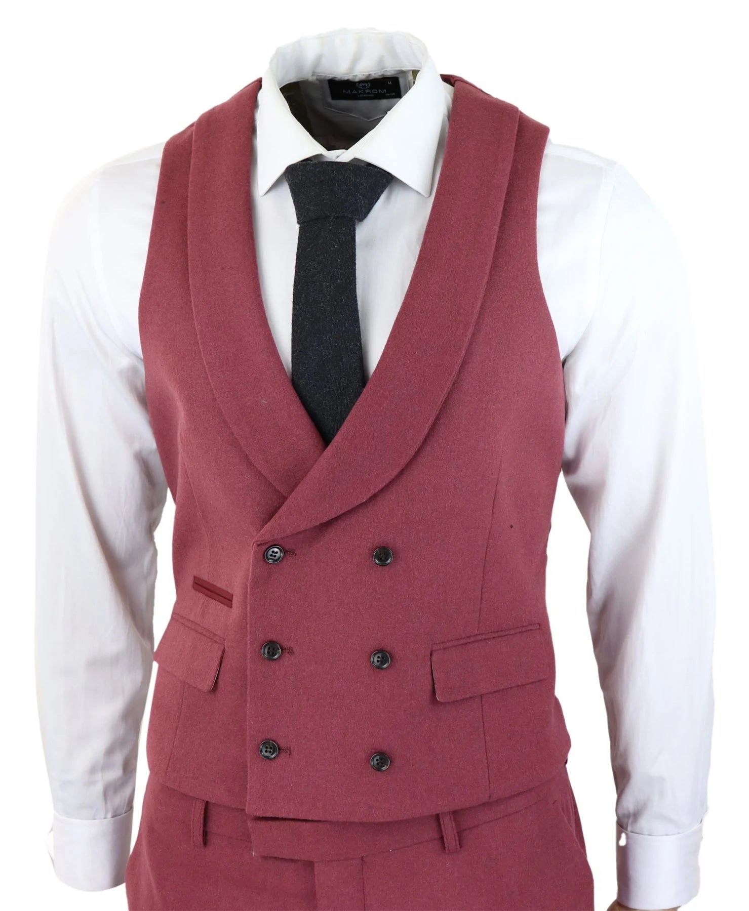 Terno masculino de lã, 3 peças, vermelho borgonha, abotoamento duplo, estilo vintage anos 1920, ideal para casamentos e festas.