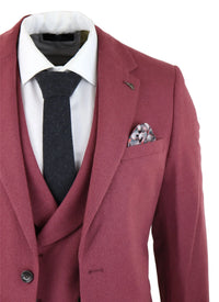Terno masculino de lã, 3 peças, vermelho borgonha, abotoamento duplo, estilo vintage anos 1920, ideal para casamentos e festas.