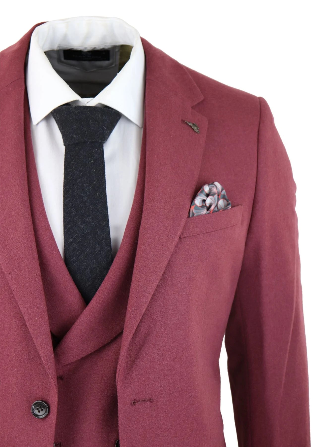 Terno masculino de lã, 3 peças, vermelho borgonha, abotoamento duplo, estilo vintage anos 1920, ideal para casamentos e festas.