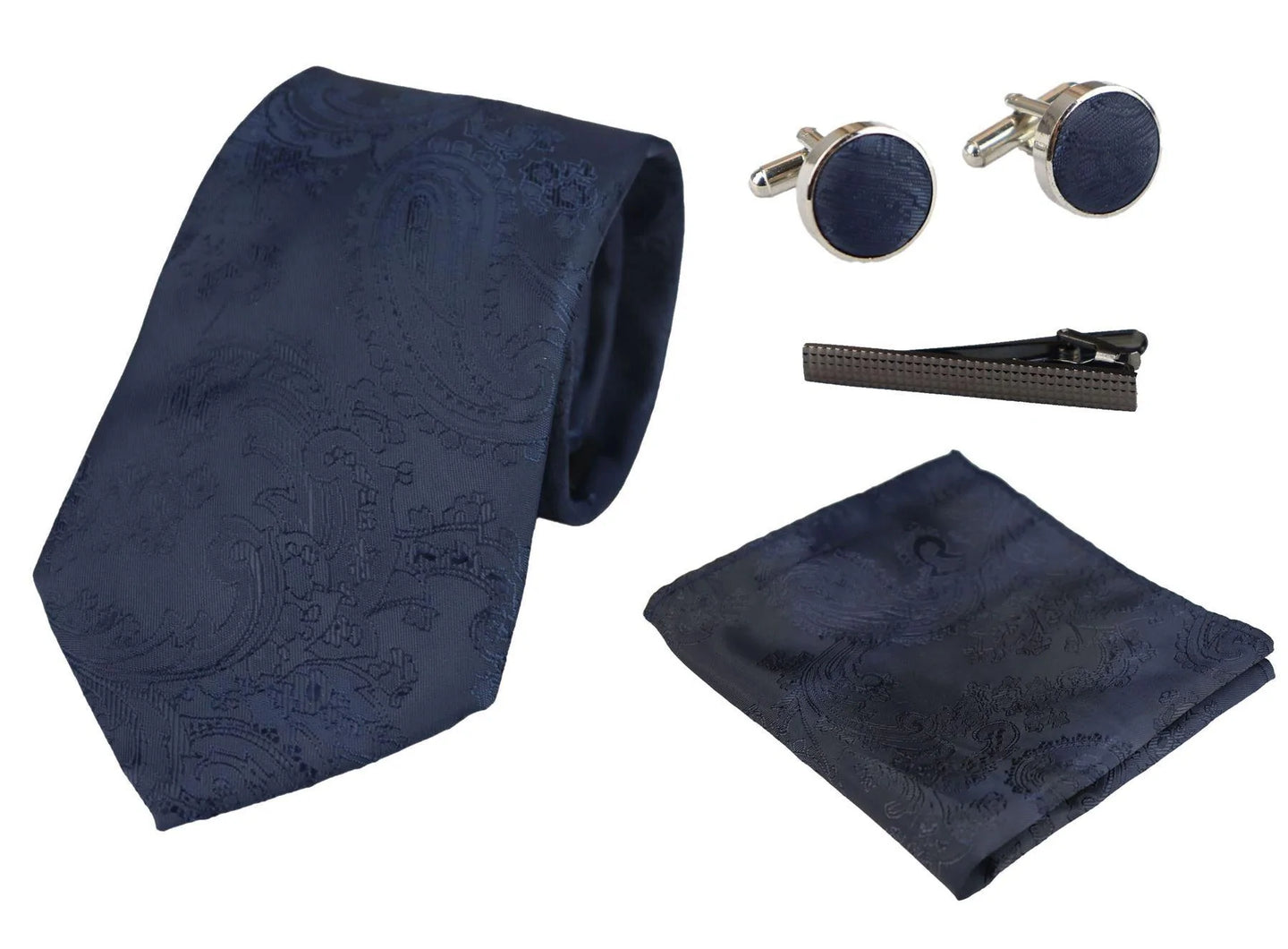 Conjunto de presente com gravata Paisley azul-marinho, lenço de bolso, abotoaduras e gravata floral em cetim.