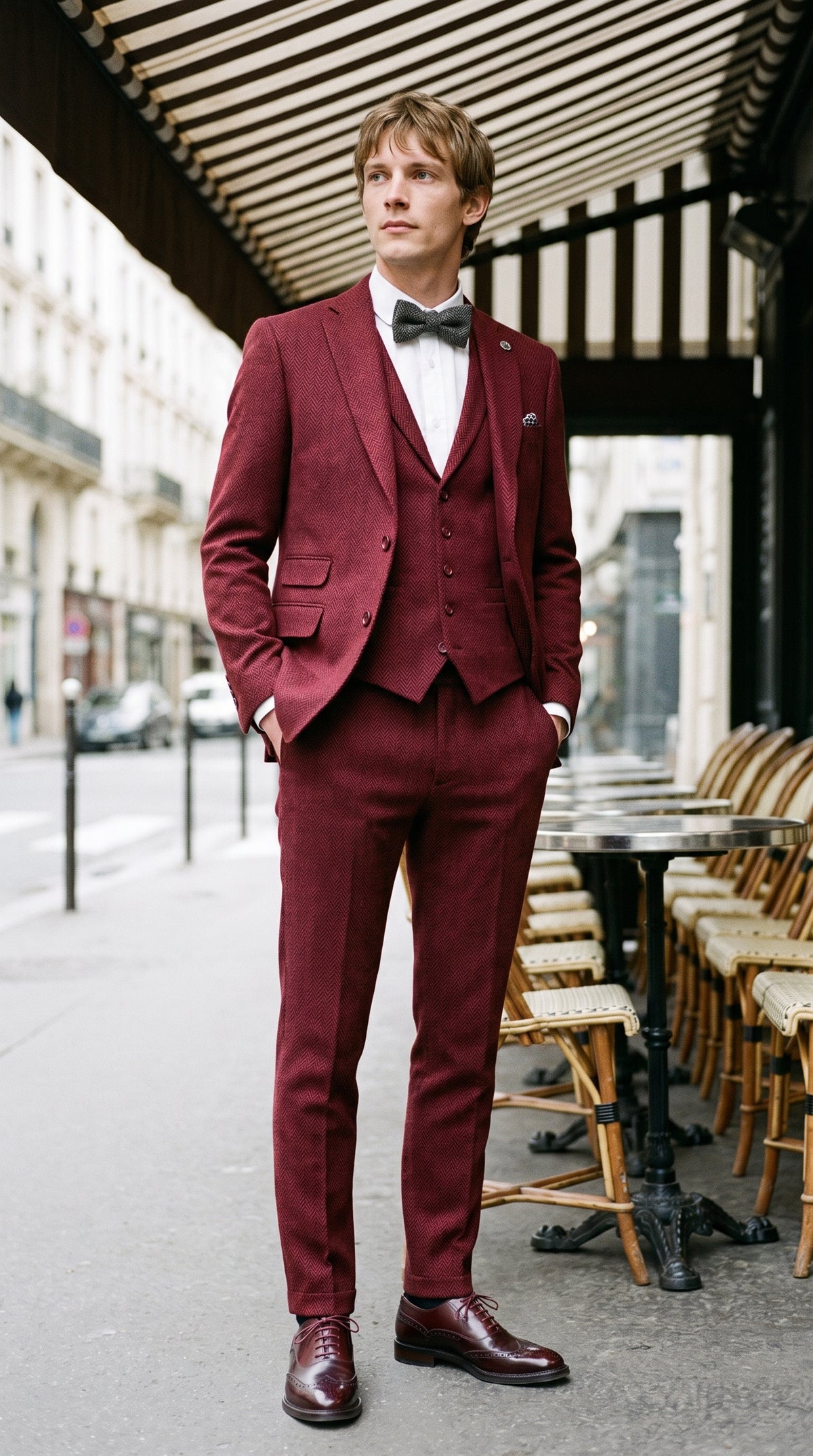 Look #144 styled with Terno masculino de tweed de 3 peças em espinha de peixe na cor vinho - STZ11