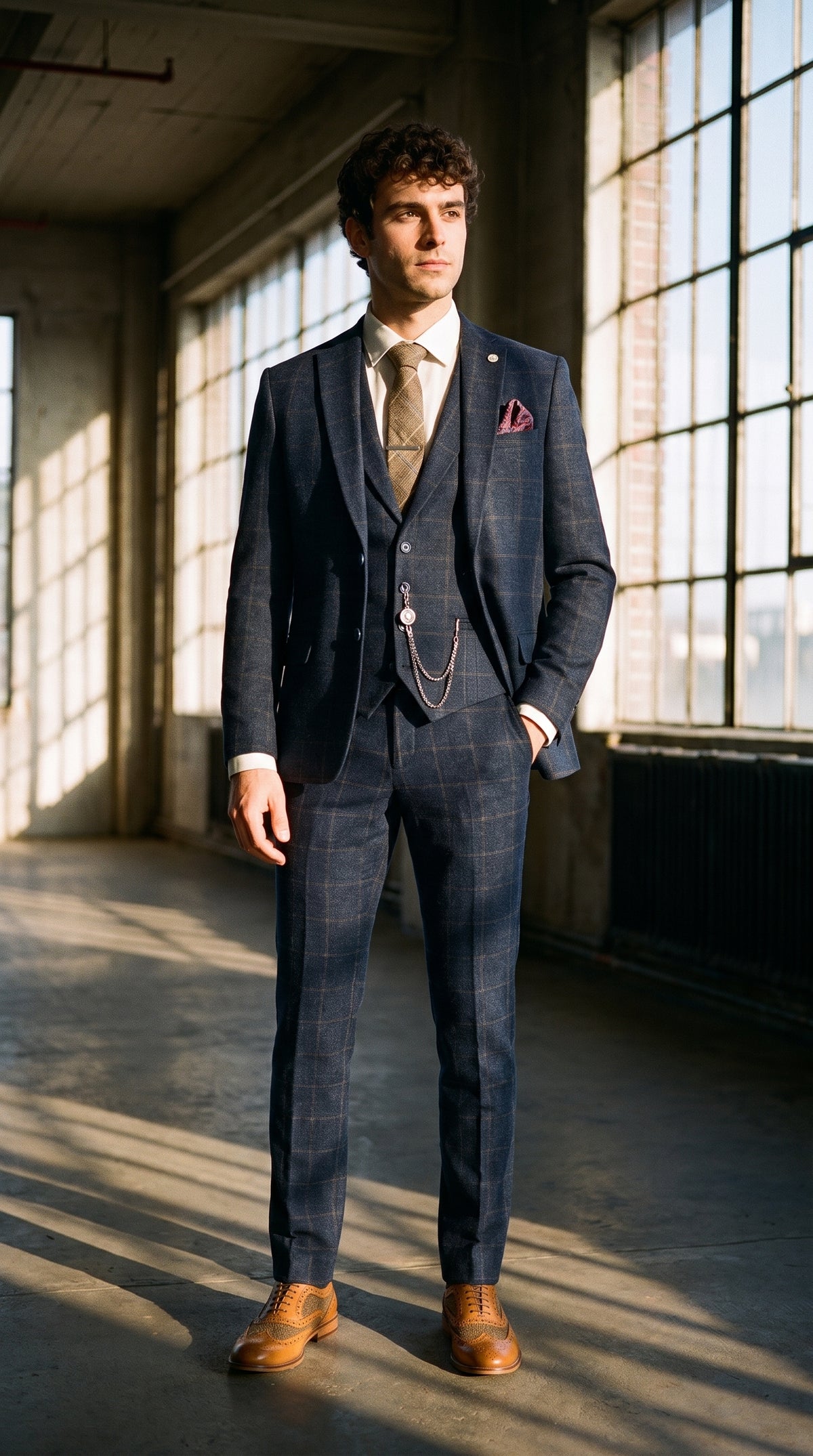 Look #725 styled with Terno masculino de 3 peças em lã tweed azul marinho xadrez marrom estilo Gatsby dos anos 1920