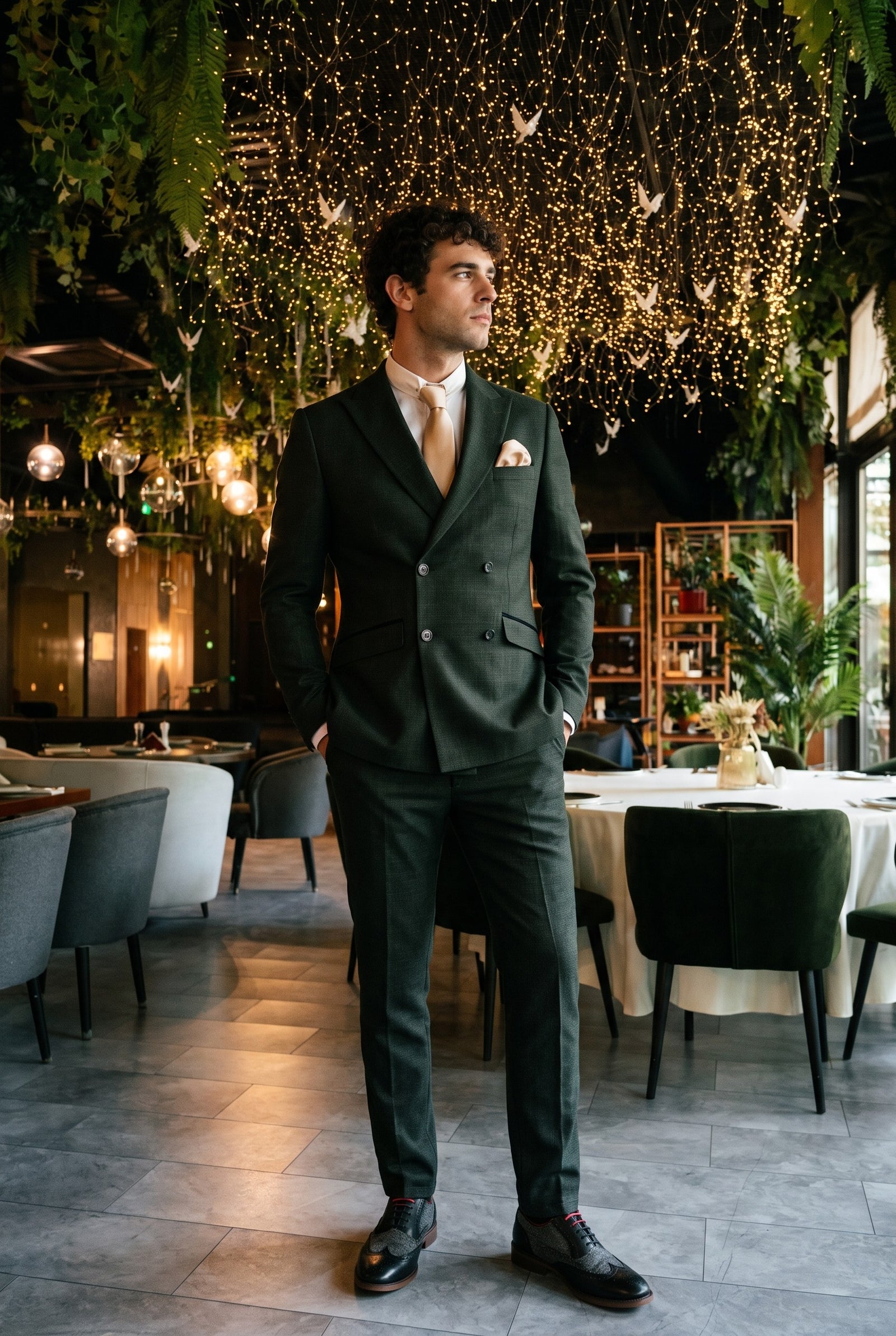 Look #784 styled with Caridi - Terno masculino de duas peças verde-oliva com abotoamento duplo