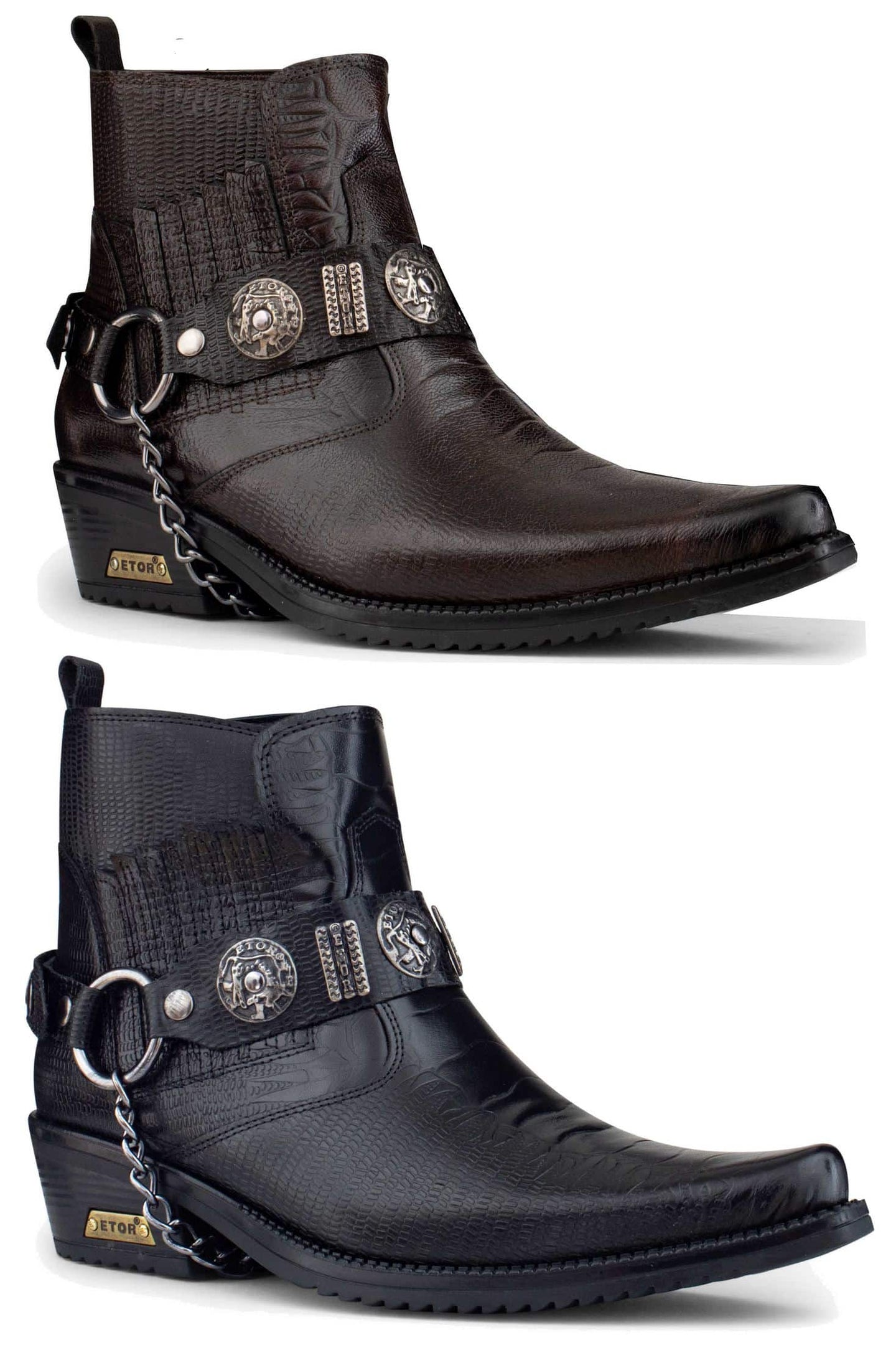 Botas de cowboy masculinas em couro legítimo com corrente.