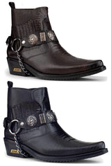 Botas de cowboy masculinas em couro legítimo com corrente.