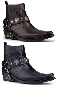 Botas de cowboy masculinas em couro legítimo com corrente.