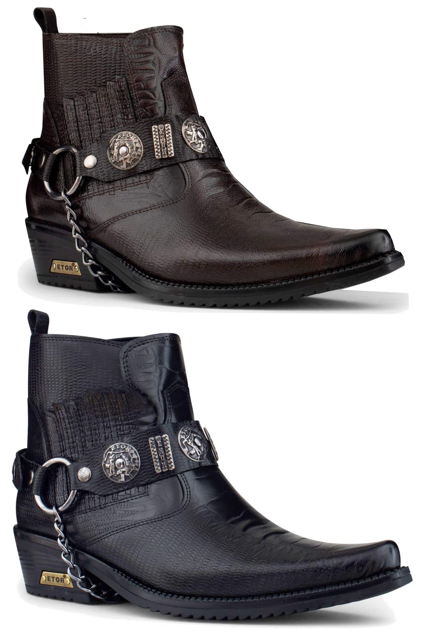 Botas de cowboy masculinas em couro legítimo com corrente.