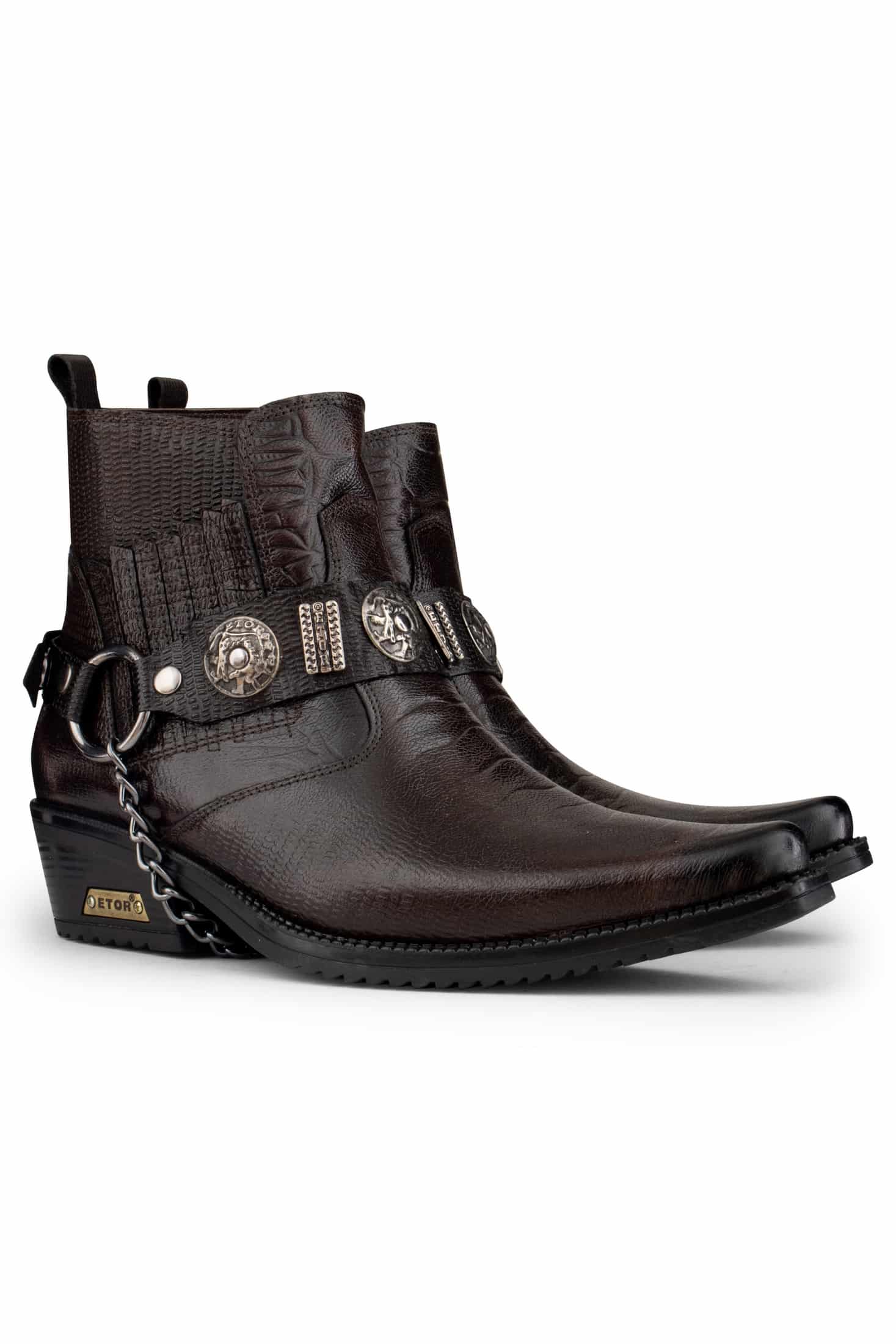 Botas de cowboy masculinas em couro legítimo com corrente.