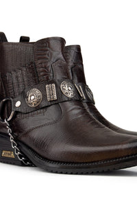 Botas de cowboy masculinas em couro legítimo com corrente.