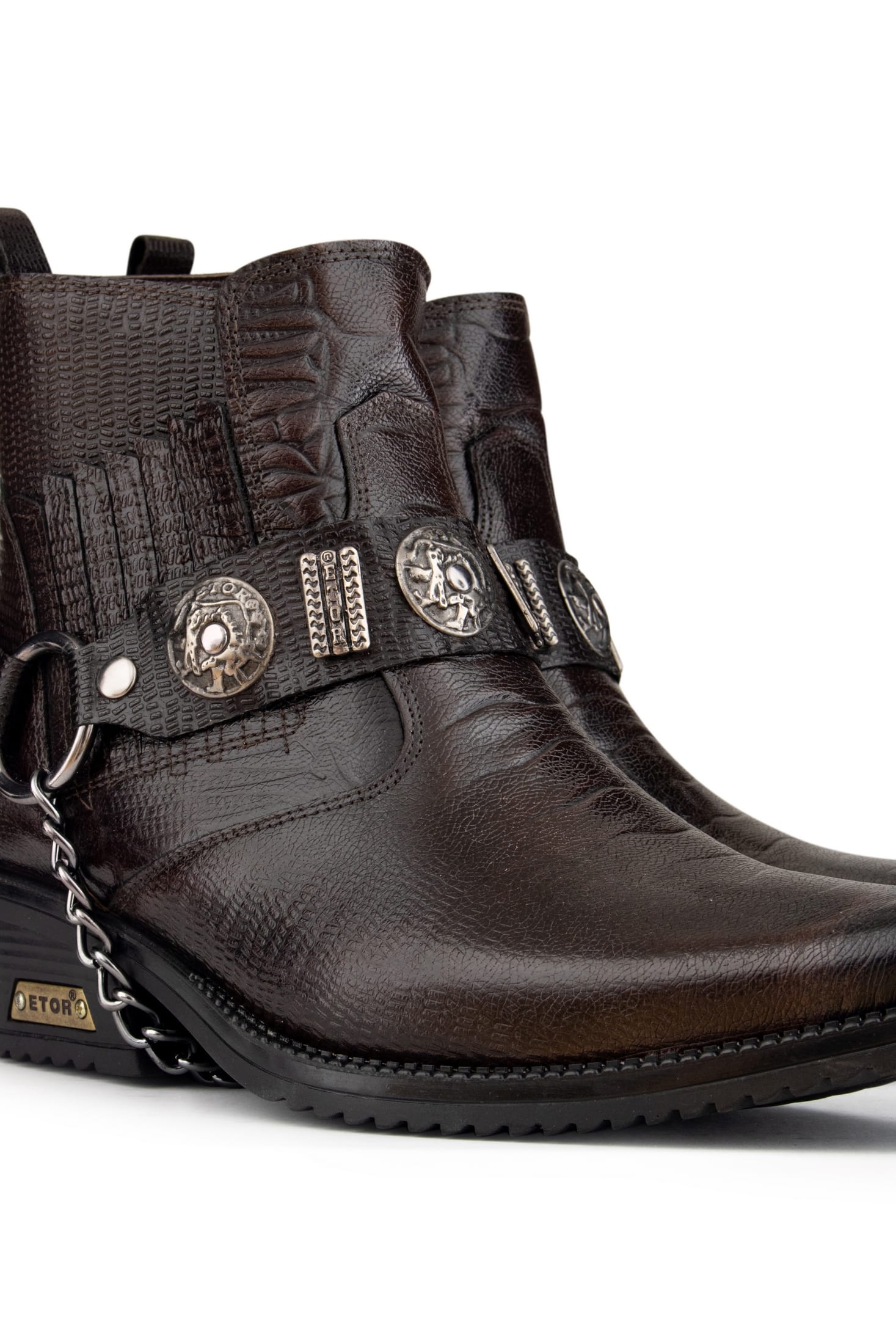 Botas de cowboy masculinas em couro legítimo com corrente.