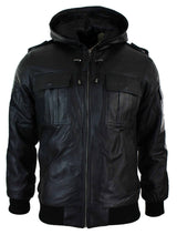 Jaqueta bomber masculina Infinity 661 em couro Napa legítimo com capuz, preta e modelagem slim.