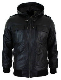 Jaqueta bomber masculina Infinity 661 em couro Napa legítimo com capuz, preta e modelagem slim.