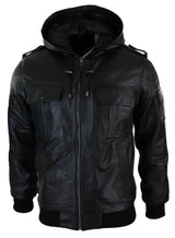 Jaqueta bomber masculina Infinity 661 em couro Napa legítimo com capuz, preta e modelagem slim.