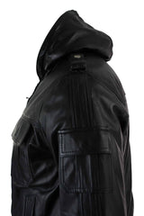 Jaqueta bomber masculina Infinity 661 em couro Napa legítimo com capuz, preta e modelagem slim.