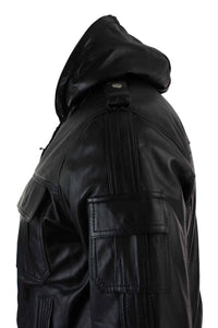 Jaqueta bomber masculina Infinity 661 em couro Napa legítimo com capuz, preta e modelagem slim.