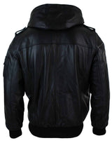 Jaqueta bomber masculina Infinity 661 em couro Napa legítimo com capuz, preta e modelagem slim.