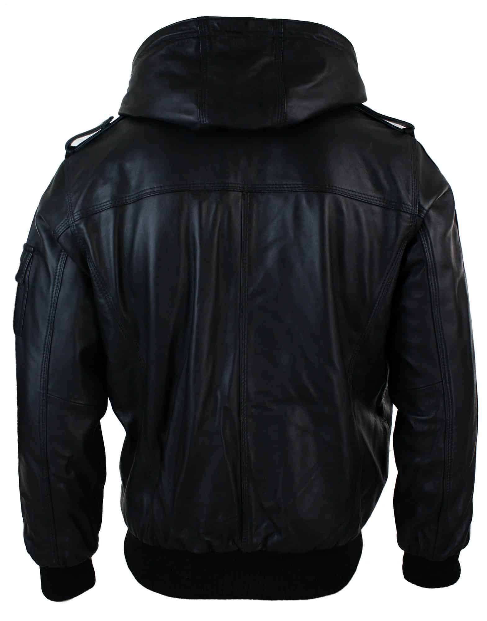 Jaqueta bomber masculina Infinity 661 em couro Napa legítimo com capuz, preta e modelagem slim.