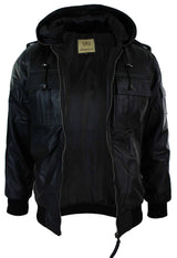 Jaqueta bomber masculina Infinity 661 em couro Napa legítimo com capuz, preta e modelagem slim.