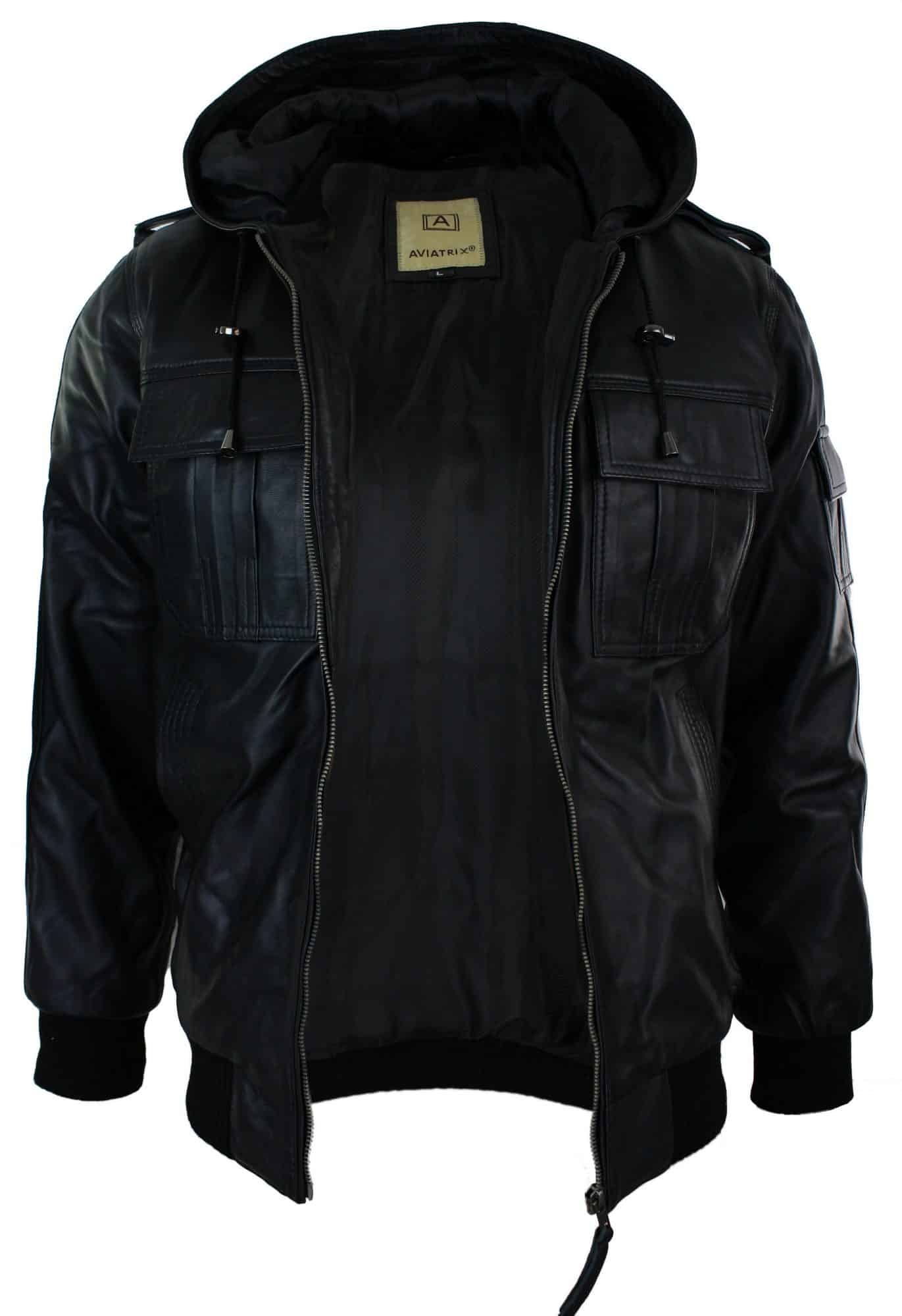 Jaqueta bomber masculina Infinity 661 em couro Napa legítimo com capuz, preta e modelagem slim.