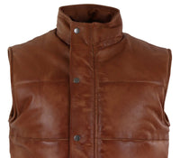 Colete masculino de couro legítimo, acolchoado, estilo puffer, quente, com zíper, casual, bege.